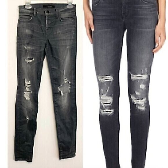 J BRAND Gray Ripped Rips Distressed Whiskered Faded Stretch Skinny Jeans 25 W25 - Picture 1 of 11